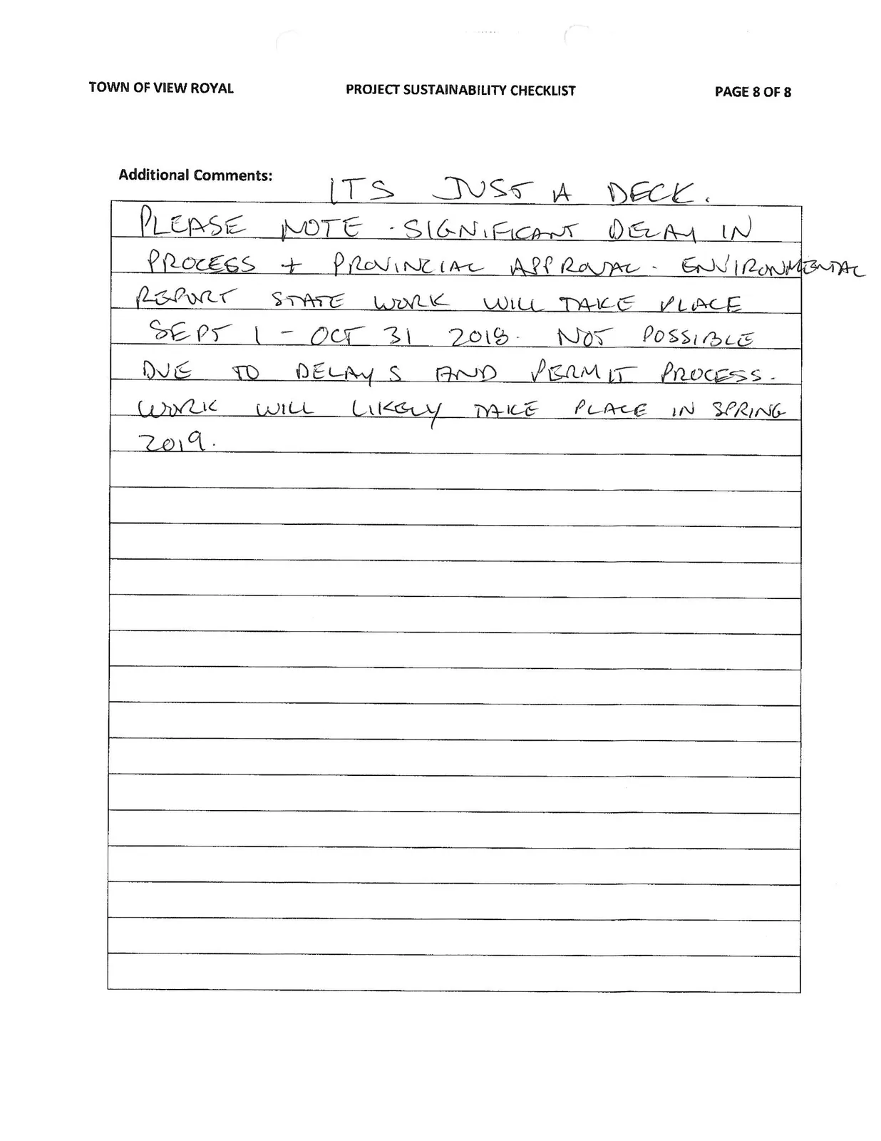 Page 8 of the Project Sustainability Checklist with additional comments