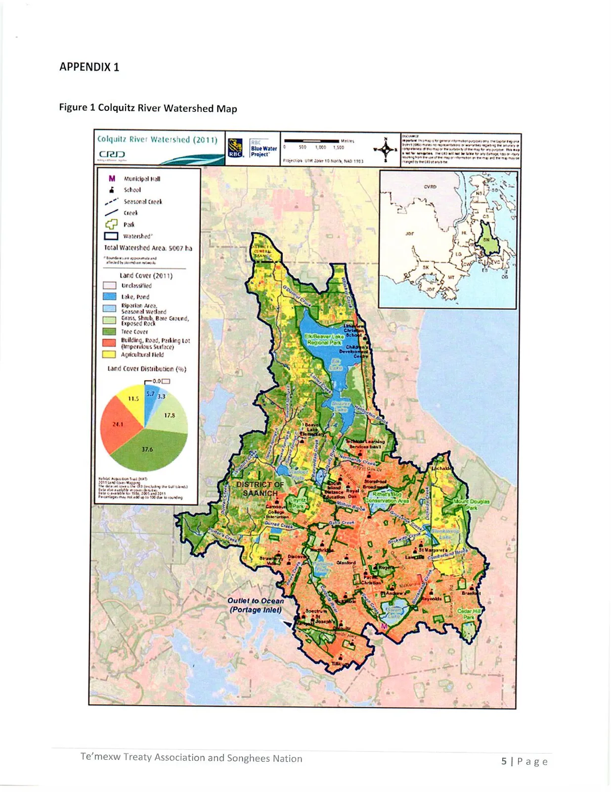 Map of the Colquitz River Watershed (2011) produced by CRD, showing detailed land cover distribution across the watershed area, including a pie chart indicating percentages for different land cover types like tree cover, impervious surfaces, and agricultural fields.