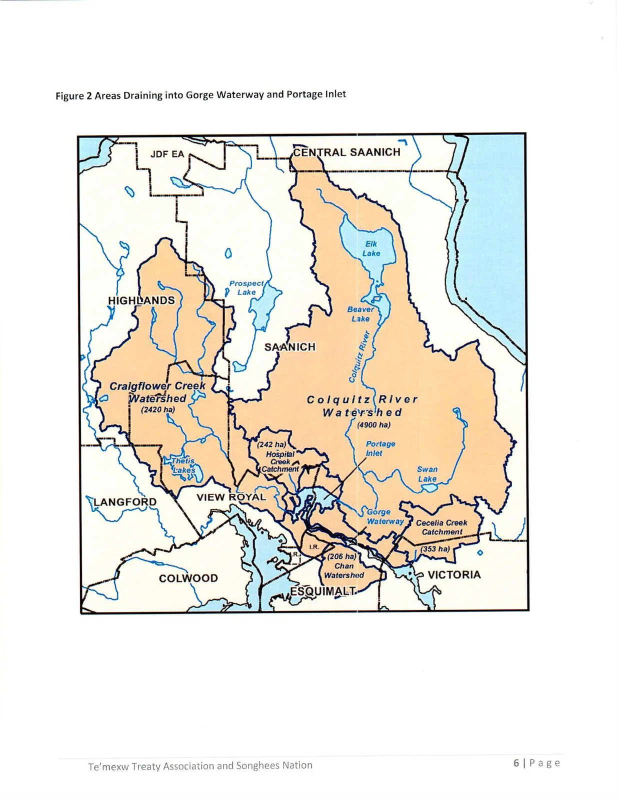 Map showing various watersheds and catchments that drain into the Gorge Waterway and Portage Inlet, including the Colquitz River Watershed (4900 ha), Craigflower Creek Watershed (2420 ha), Hospital Creek Catchment (242 ha), Chan Watershed (206 ha), and Cecelia Creek Catchment (353 ha).