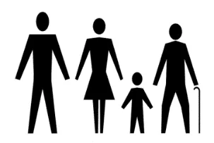 Silhouette of four people (man, woman, child, senior with cane)