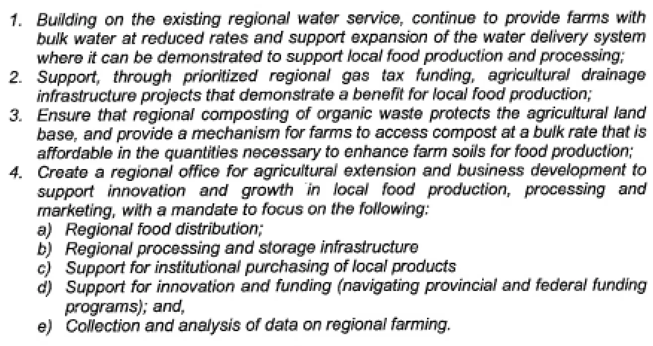 District of Central Saanich support for regional water, gas tax funding, composting, and regional office for agricultural extension, points 1-4