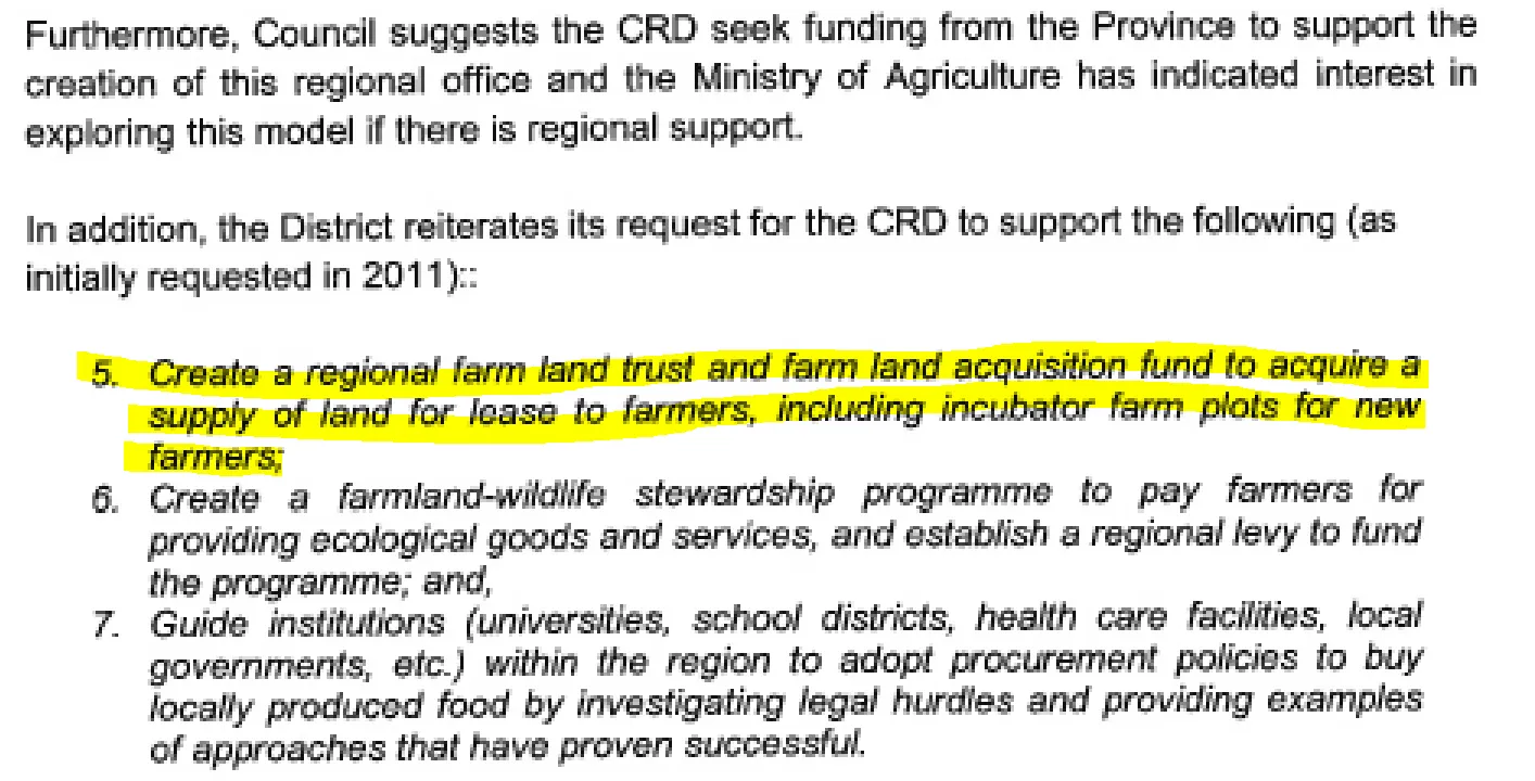 District of Central Saanich reiterate request for CRD to create a regional farm land trust and acquisition fund, points 5-7