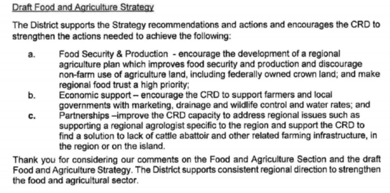 District of North Saanich support for Food Security & Production, Economic support, and Partnerships, points a-c
