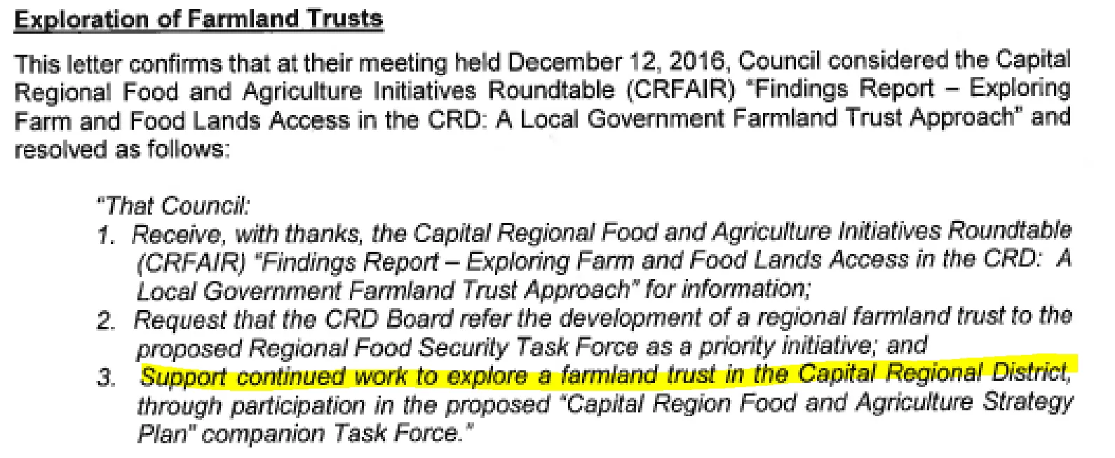 Saanich Council resolution supporting continued work to explore a farmland trust in the Capital Regional District