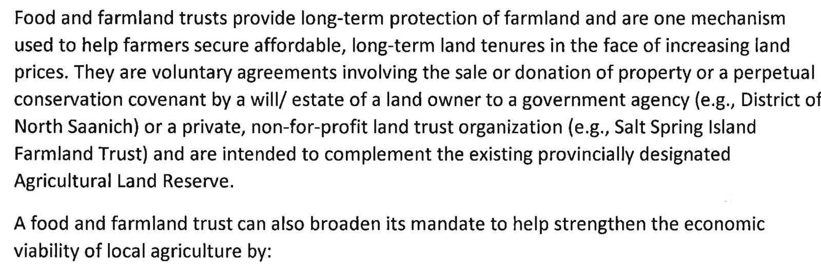 Text defining food and farmland trusts as voluntary agreements intended to complement the ALR