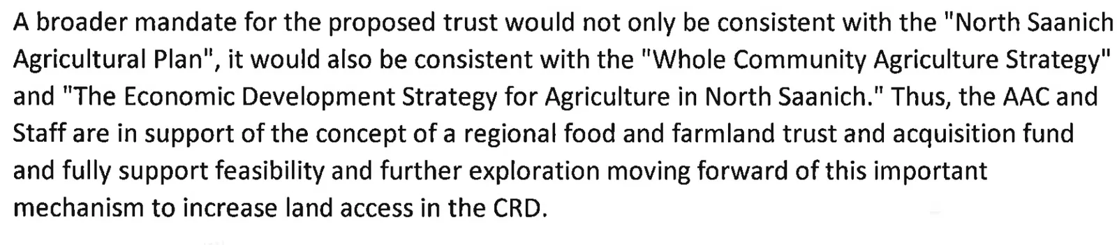 Statement from North Saanich Agricultural Advisory Commission and Staff supporting the concept of a regional food and farmland trust and acquisition fund