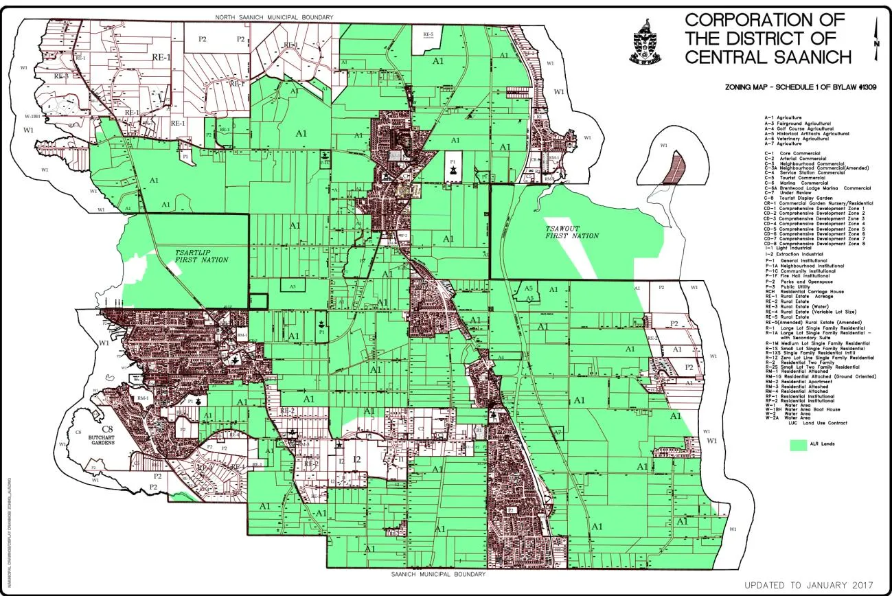 Zoning Map - Schedule 1 of Bylaw #1309 for the Corporation of the District of Central Saanich