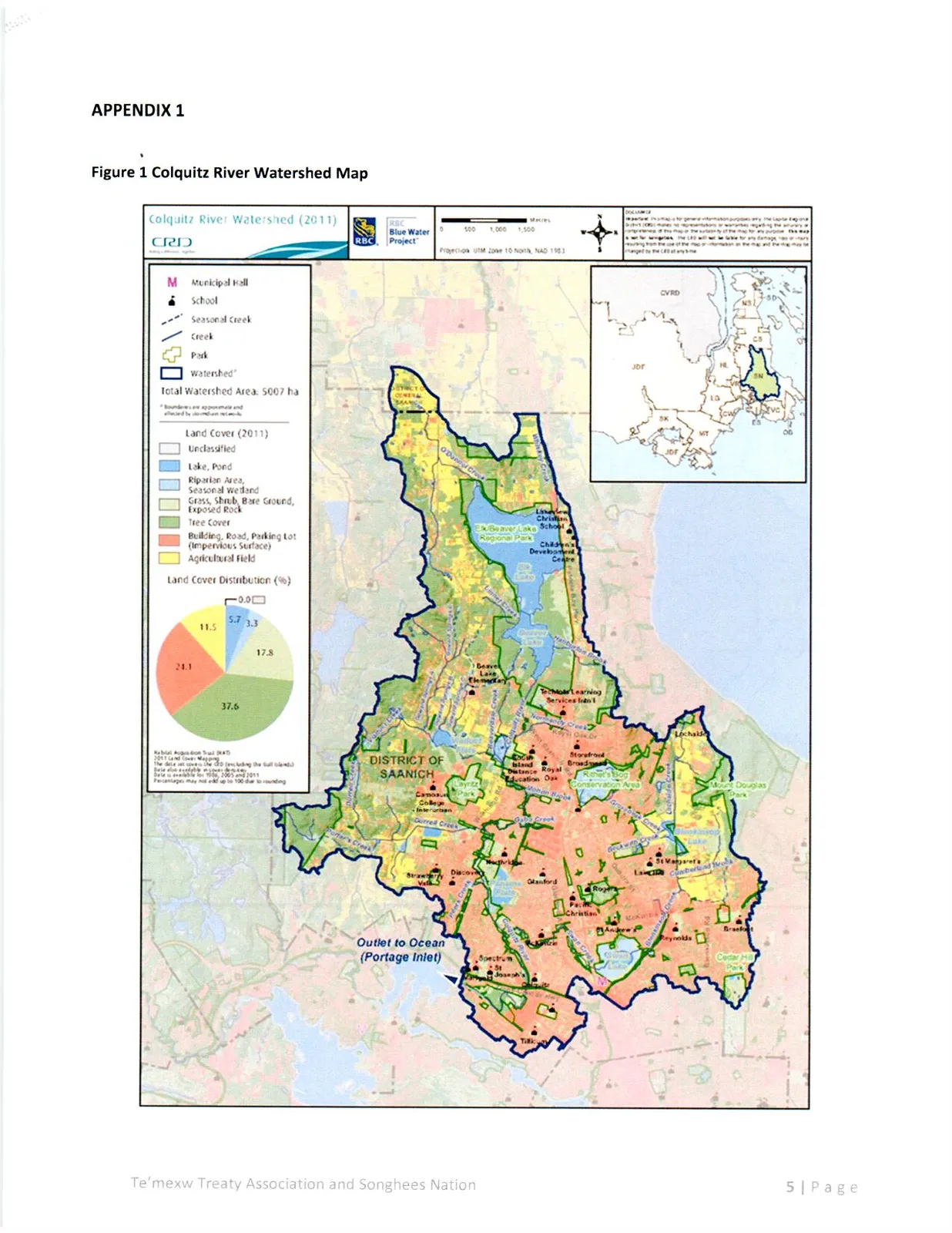Colquitz River Watershed map showing boundaries, park areas, and water bodies, with a pie chart illustrating Land Cover Distribution (2011)