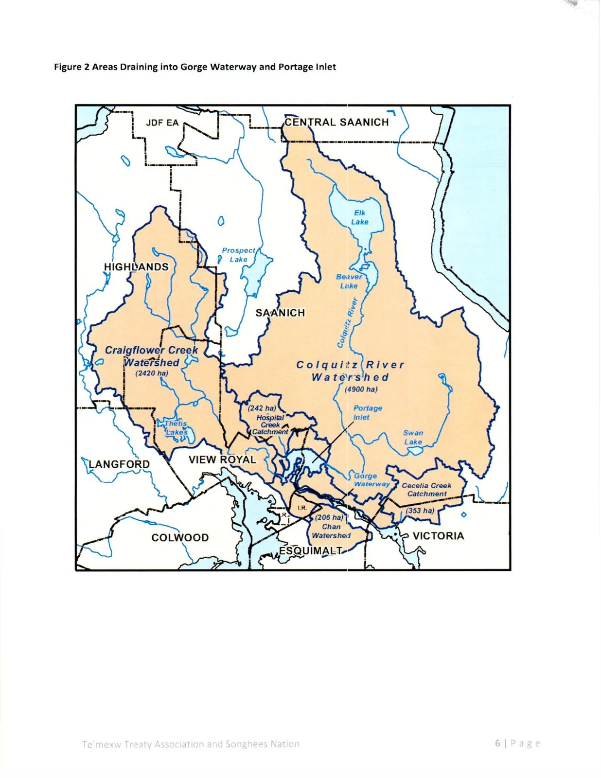 map showing the various watershed and catchment areas draining into the Gorge Waterway and Portage Inlet, including the Colquitz River, Craigflower Creek, Hospital Creek, and Cecelia Creek catchments