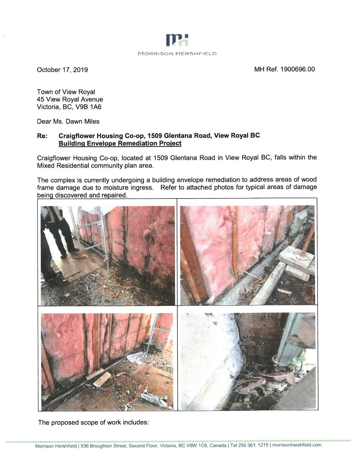 Top left photo showing exposed pink fiberglass insulation and rotted wood framing at the base of a wall with a worker visible