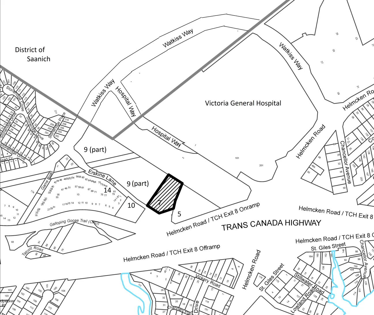 Area map showing the subject property at 7 Erskine Lane and the surrounding neighborhood including Victoria General Hospital and Watkiss Way