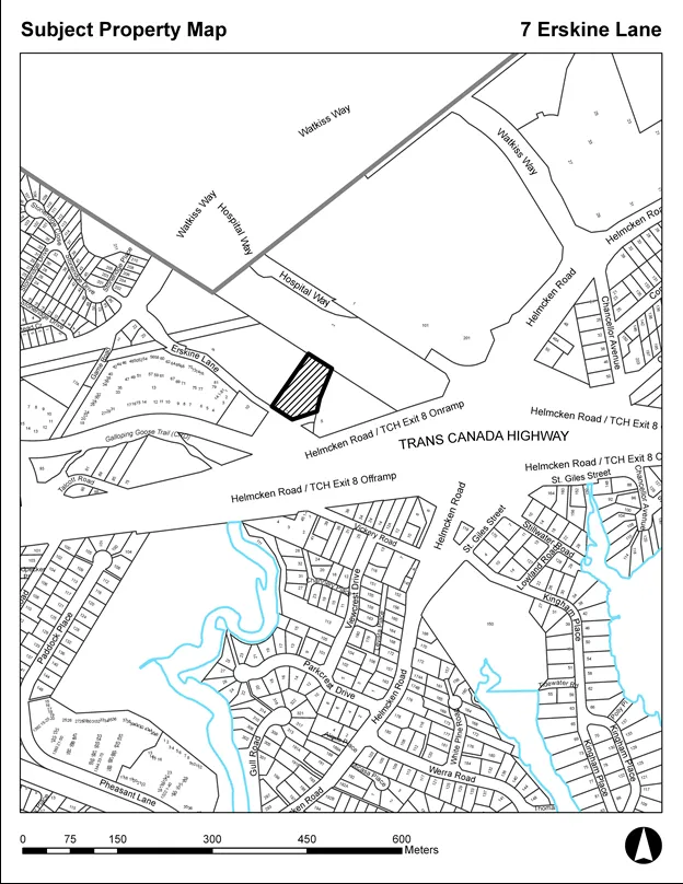 Subject Property Map for 7 Erskine Lane showing the property location relative to Hospital Way, Watkiss Way, and the Trans Canada Highway / Helmcken Road interchange.