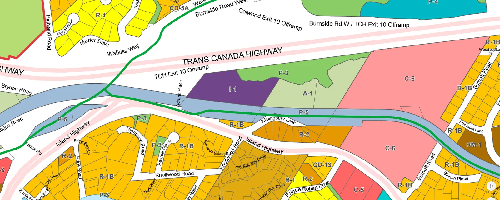 Zoning map showing light industrial (I-1) and surrounding residential zones in View Royal