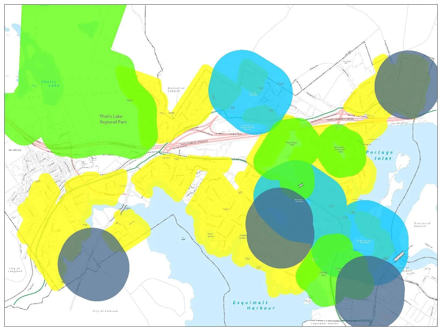 Map showing combined buffer zone coverage for schools (300m), daycares (300m), parks (150m), and detached residential (50m) within the Town of View Royal.
