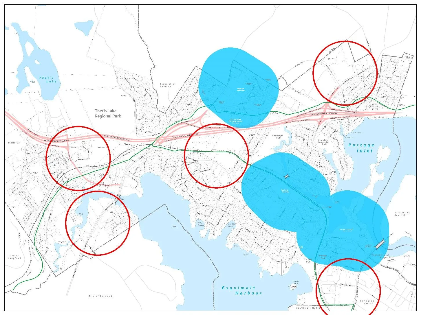 Map showing potential cannabis retail locations with 300m school buffers and 300m buffers from other stores.