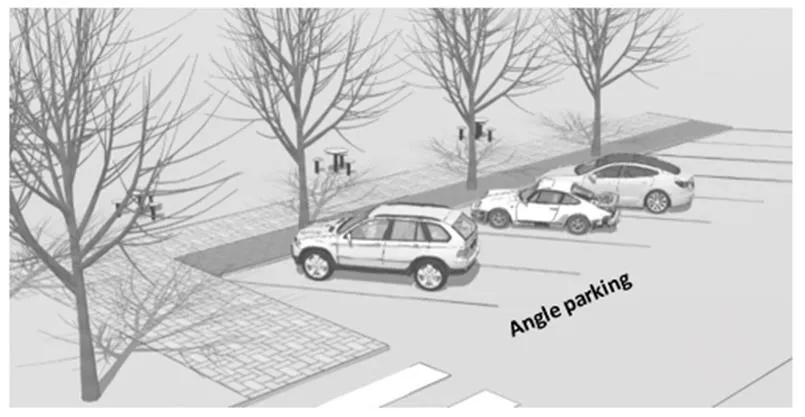 Diagram showing 'angle parking' spaces and a vehicle parked at an angle to the curb.