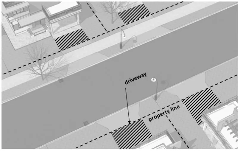 Diagram showing the location of a 'driveway' relative to the property line.