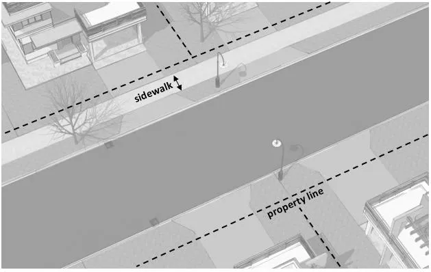 Diagram showing 'sidewalk' as the improved pedestrian portion of the street area.