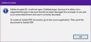 Adobe Acrobat error message stating that 'Untitled.pages' could not be opened because it is either not a supported file type or has been damaged