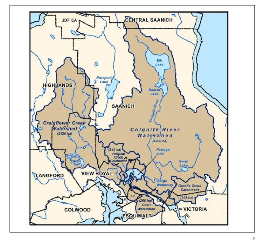 Map of the SMA area including the Colquitz River Watershed, Craigflower Creek Watershed, and surrounding municipal boundaries