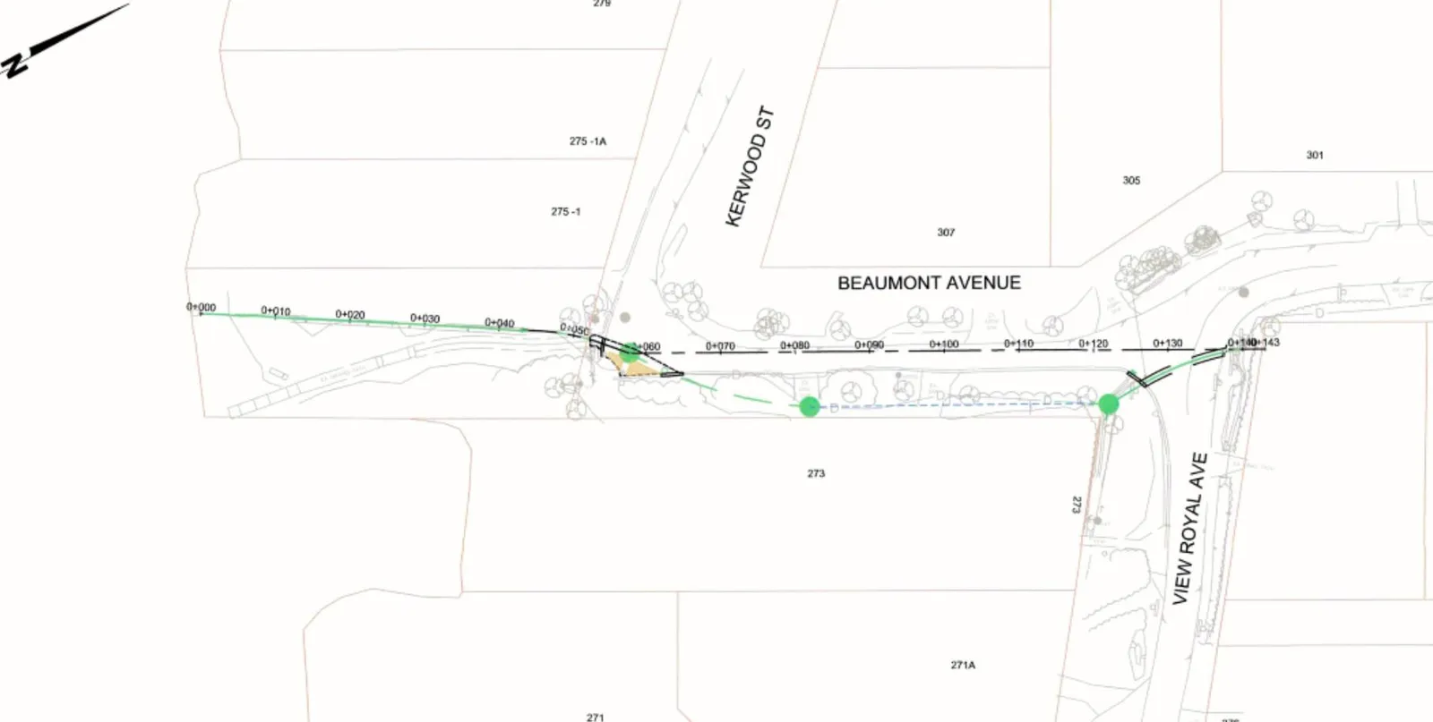 Engineering plan map showing the Beaumont Drain project. The map illustrates Beaumont Avenue intersecting with Kerwood Street and View Royal Avenue. A proposed drainage line is marked with stationing points from 0+000 to 0+143. Labeled property lots include 271, 271A, 273, 275-1, 275-1A, 279, 301, 305, and 307. A north arrow is located in the top left corner.