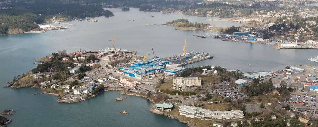 Close-up aerial view of the naval base facilities