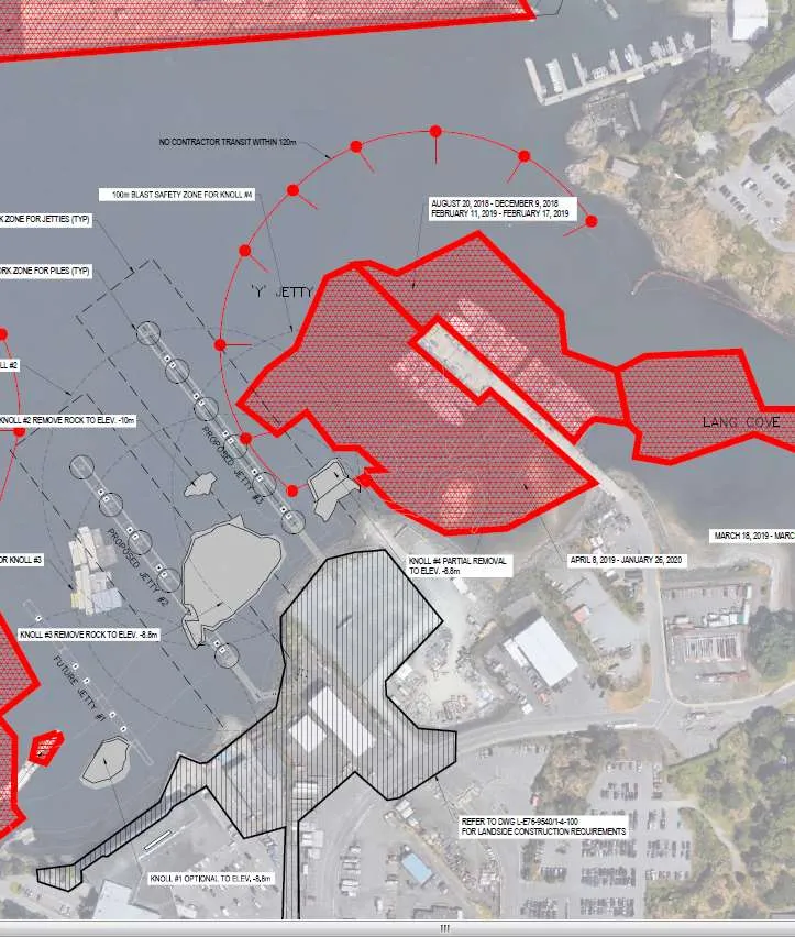 Site overview technical plan for the Small Boat Floats project showing blast safety zones and rock removal areas