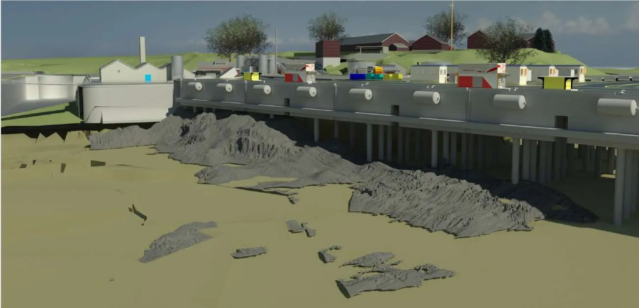 3D rendering of the completed project showing New A Jetty, New B Jetty, and the Existing C Jetty
