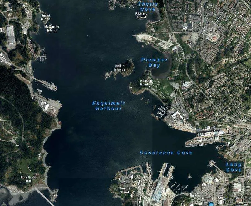 Map showing project location and area labels including Fort Rodd Hill, Constance Cove, Duntze Head, and Lang Cove