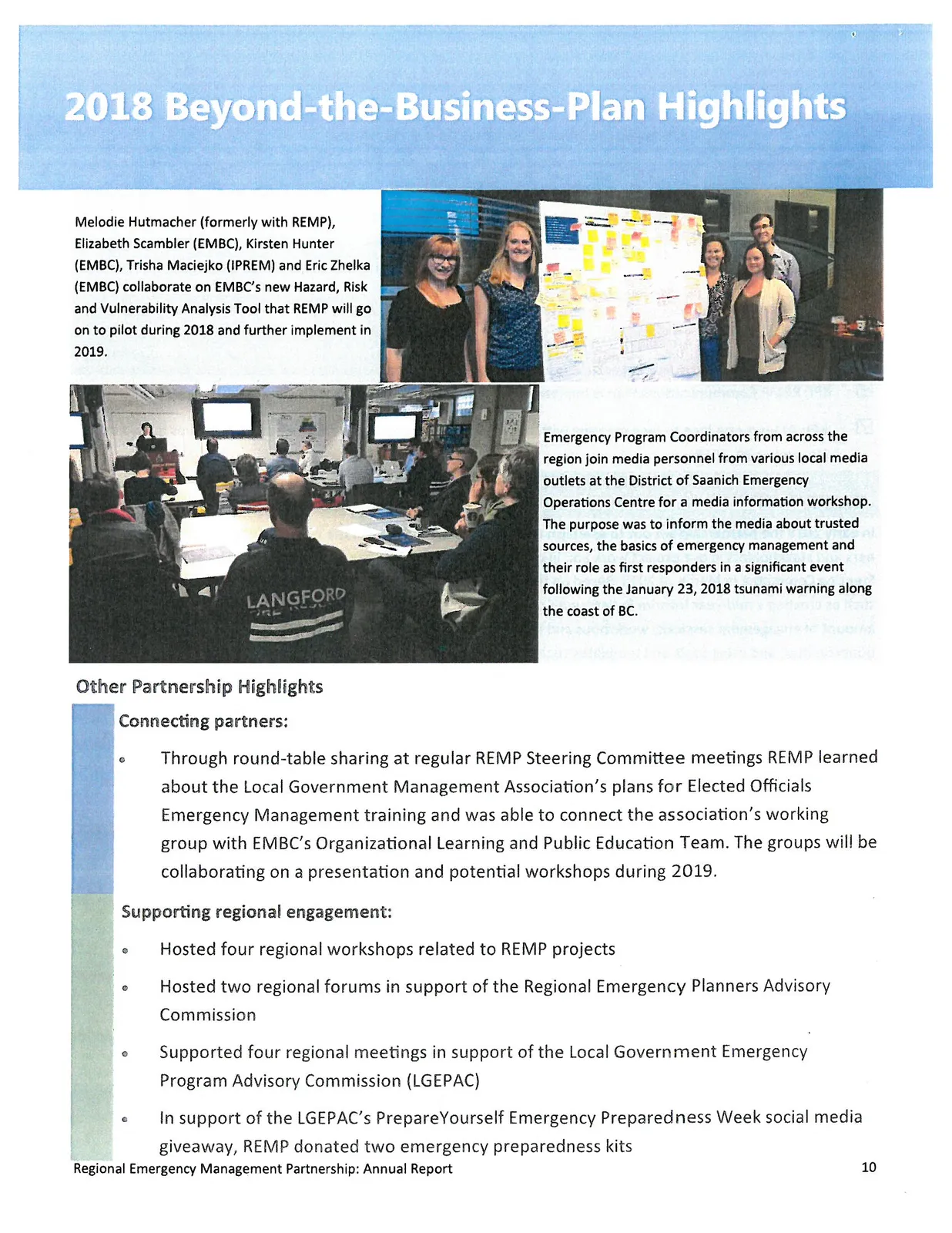 Melodie Hutmacher (formerly with REMP), Elizabeth Scambler (EMBC), Kirsten Hunter (EMBC), Trisha Maciejko (IPREM) and Eric Zhelka (EMBC) collaborate on EMBC's new Hazard, Risk and Vulnerability Analysis Tool