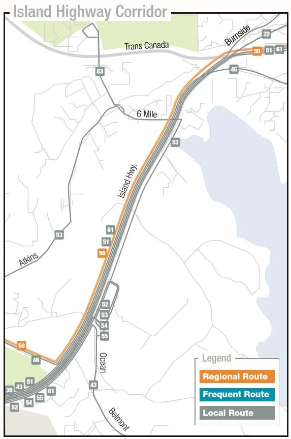 Study area map of the Island Highway Corridor showing Regional, Frequent, and Local transit routes.