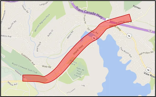 Figure 1.1 – Transit Priority Study Area map showing the corridor along Island Hwy from the Trans Canada Hwy south to the Royal Colwood Golf Club area