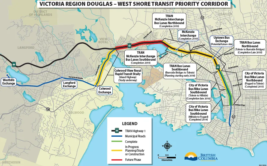 Figure 1.2 – Douglas Corridor – West Shore Transit Priority Improvements map showing various project statuses like complete, in progress, and future phases across the Victoria region