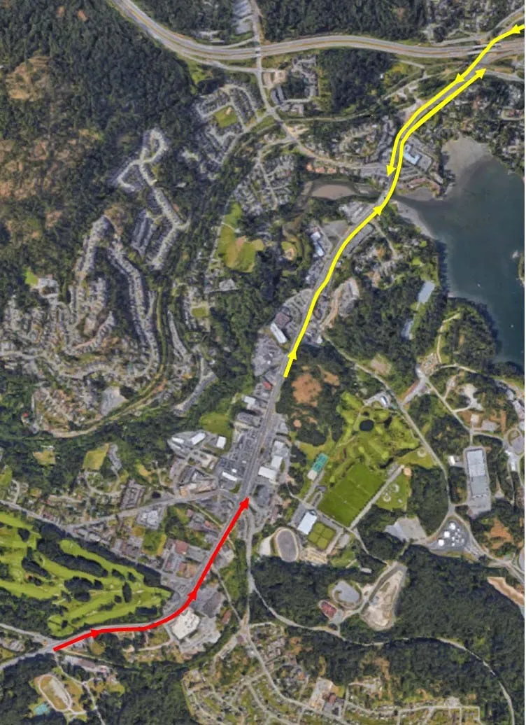 Figure 3.7: Slow travel speed zones aerial map with red and yellow arrows indicating congested segments along the Island Hwy corridor