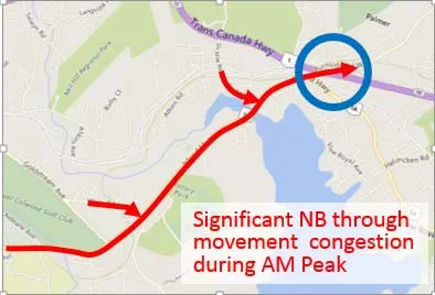 VISSIM model rendering of AM Peak Period at Colwood-Hwy 1 Interchange showing simulated traffic