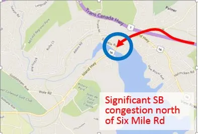 Map showing focus area for "Significant NB through movement congestion during AM Peak" at the Hwy 1 interchange