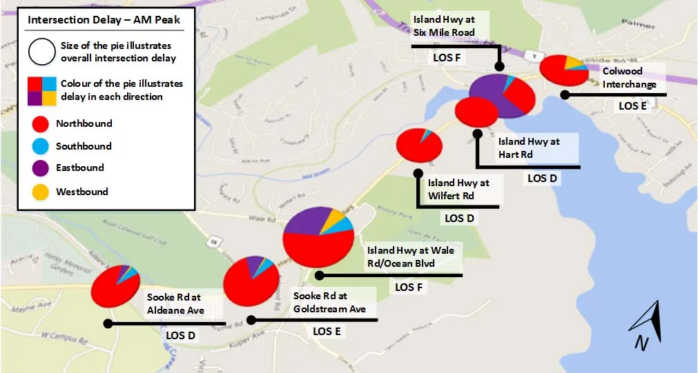 Figure 4.3 Intersection LOS & Delay – Existing Conditions – AM Peak map showing various intersections with LOS ranging from D to F