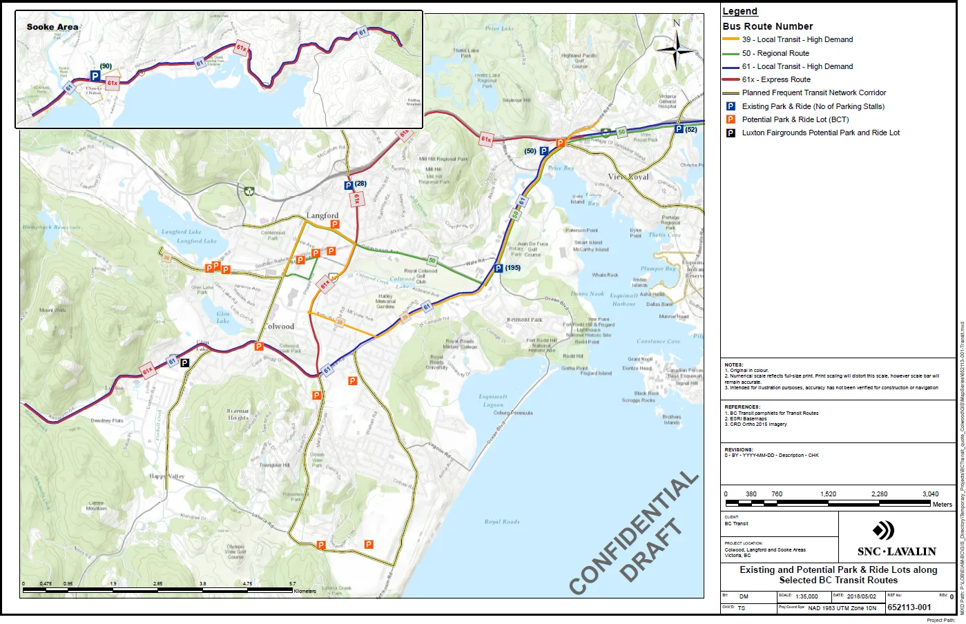 Regional map showing existing and potential Park & Ride lots along selected BC Transit routes in Colwood, Langford, and Sooke Areas.