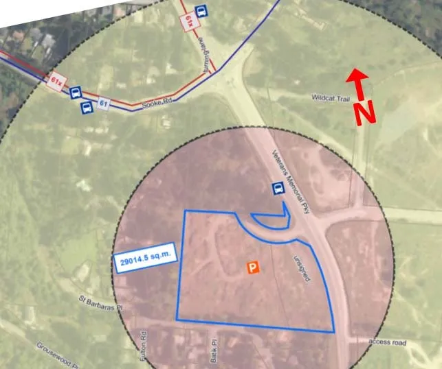 Map showing the potential park-and-ride site at Veteran's Memorial Parkway and Sooke Road, with a blue outline around an area labeled "29014.5 sq.m." and an orange 'P' icon.
