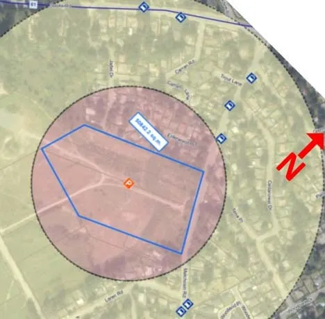Map showing the potential park-and-ride site at Metchosin Road and Laren Road, with a blue outline around an area labeled "50842.2 sq.m." and an orange 'P' icon.
