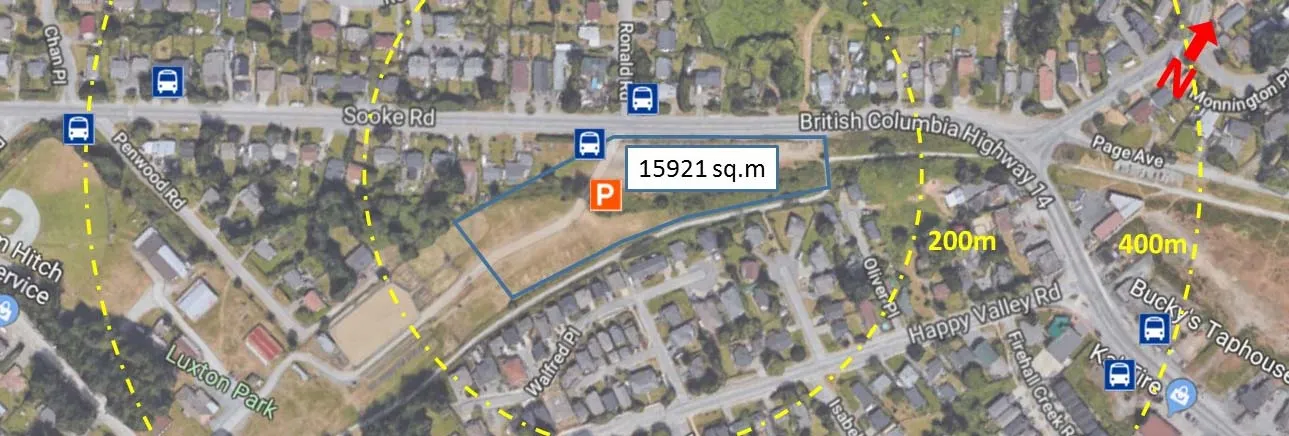 Aerial map showing the potential park-and-ride site at Luxton Fairgrounds, with a blue outline around an area labeled "15921 sq.m." and an orange 'P' icon, near Sooke Rd.