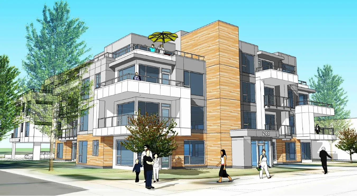 Architectural rendering showing the view of the proposed four-storey apartment building from Island Highway