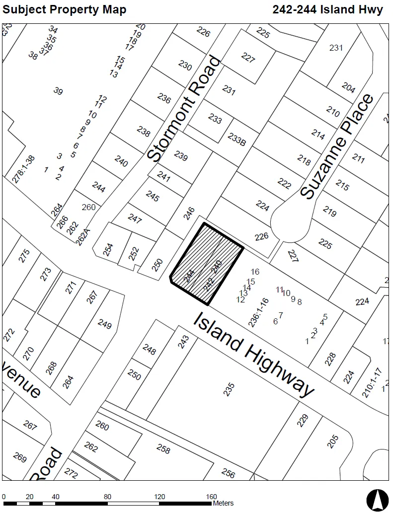 Subject property map highlighting parcels 242 and 244 on Island Highway with cross-hatching and a bold border. The map shows surrounding lots and street names including Stormont Road, Suzanne Place, Island Highway, and Avenue Road. A scale bar in meters is provided at the bottom.