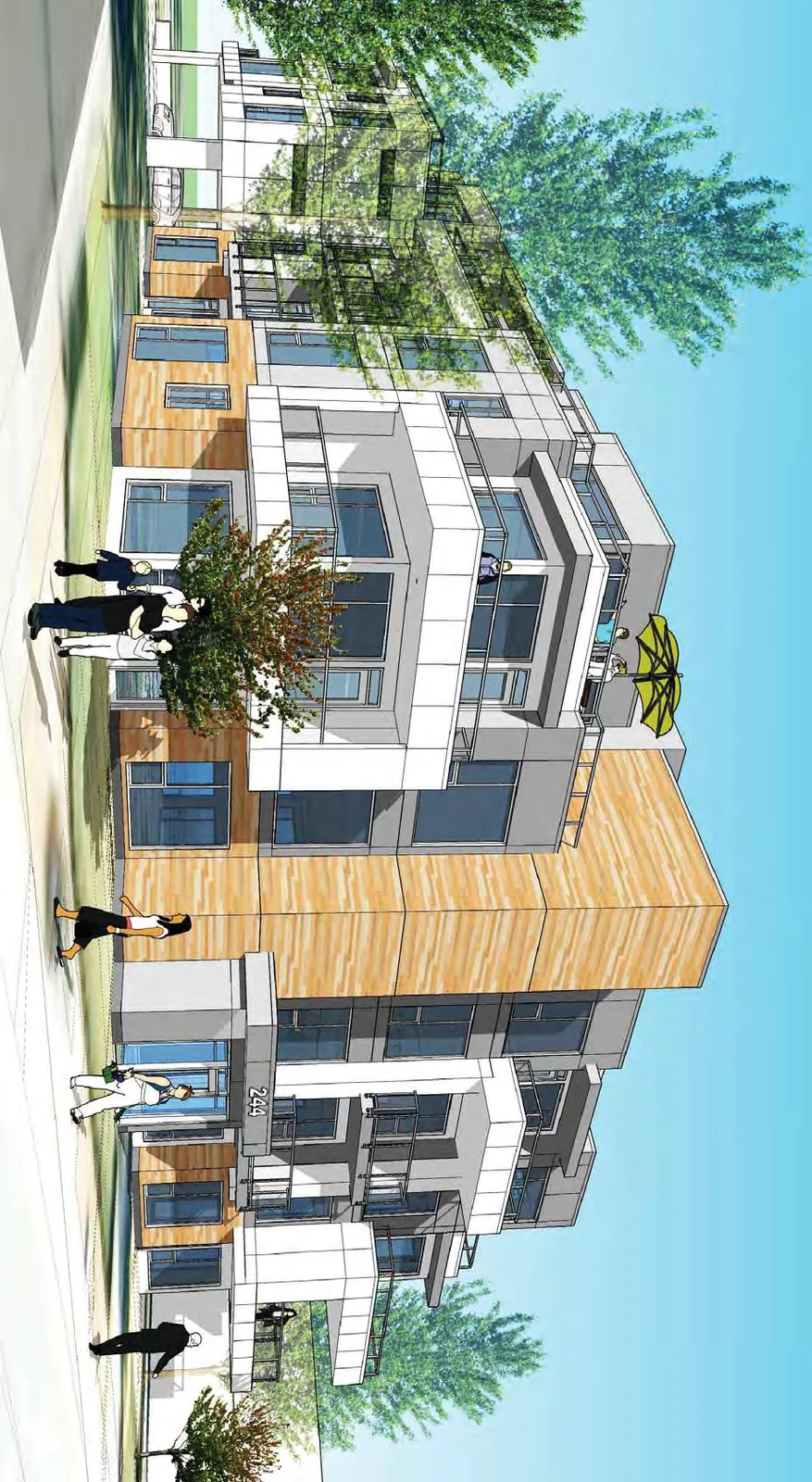 Architectural rendering showing the perspective view of a modern four-story residential building with wood-textured siding, white panels, and multiple balconies.