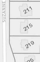 Map detail showing Suzanne Pl and lots 211, 215, 219