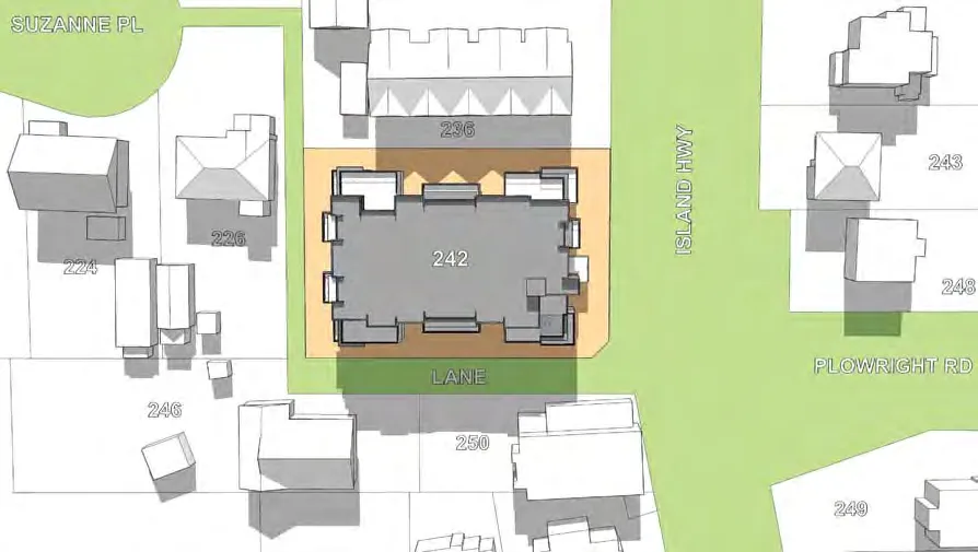 Shadow study diagram for March 20 at 9:00 AM showing shadows from the proposed building at 242-244 Island Highway extending towards properties on Suzanne Pl. and the Lane to the northwest.