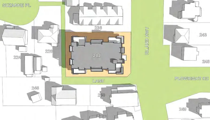 Shadow study diagram for March 20 at 12:00 PM showing shadows from the proposed building extending directly north towards 236 Suzanne Pl.