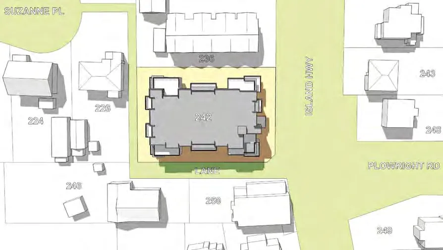 Shadow study diagram for June 20 at 12:00 PM showing shortened shadows from the proposed building extending north.
