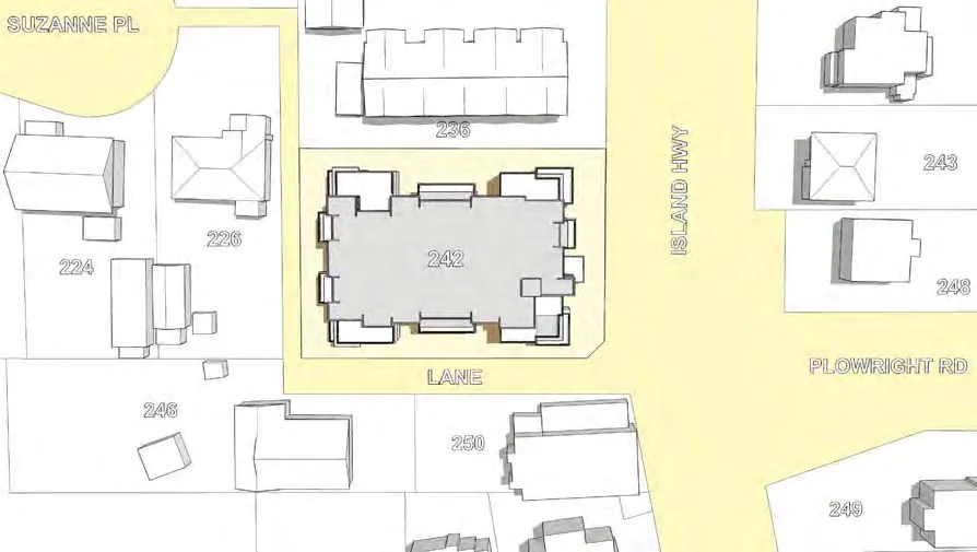 Shadow study diagram for March 20 at 3:00 PM showing shadows from the proposed building extending towards the northeast across the Lane and toward properties at 250 and 243 Island Highway.