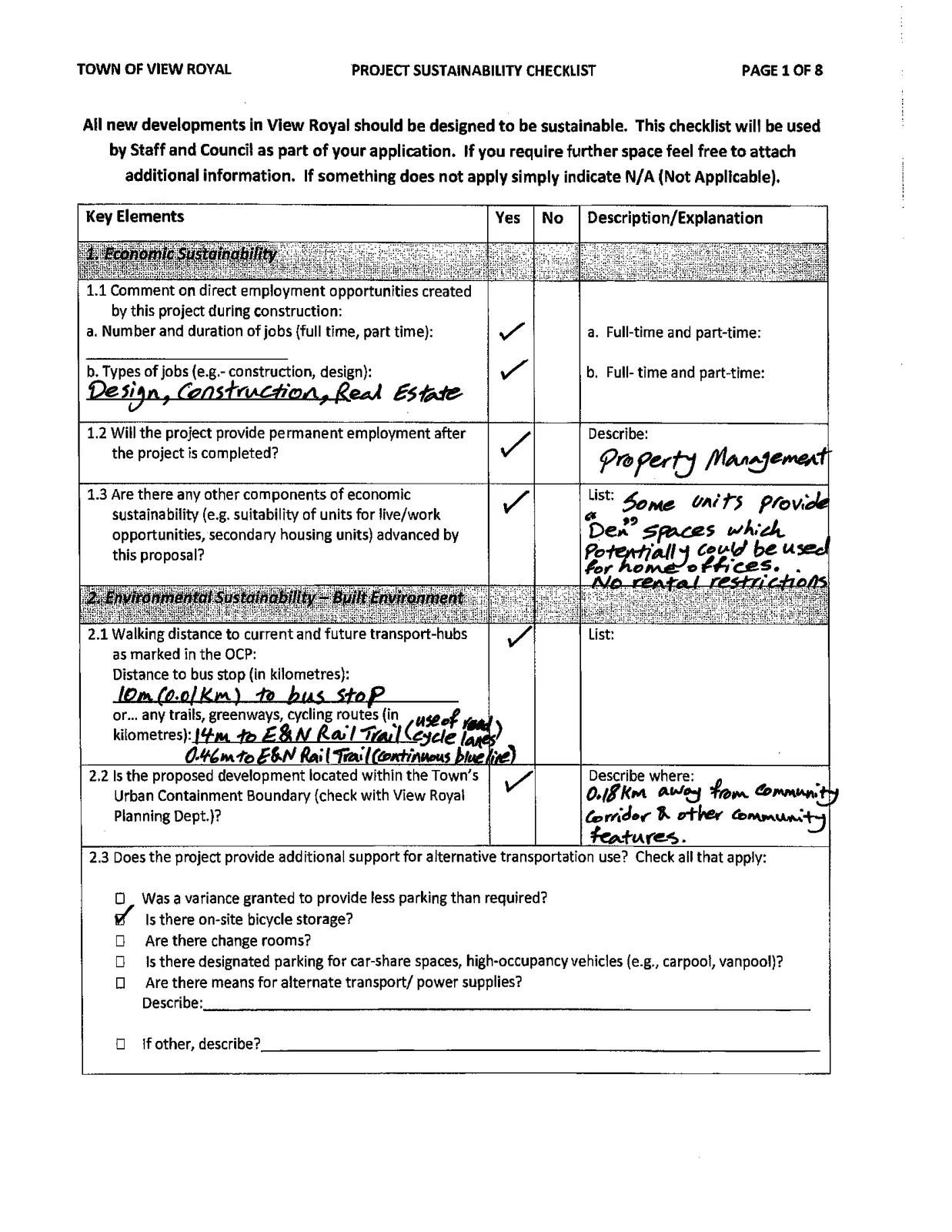Town of View Royal Project Sustainability Checklist, Page 1